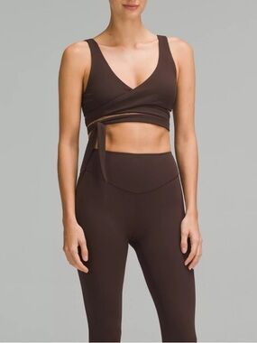 LULULEMON Nulu Wrap-Front Tie Bra *Light Support, A/B Cup Brown Espresso Sz 4
